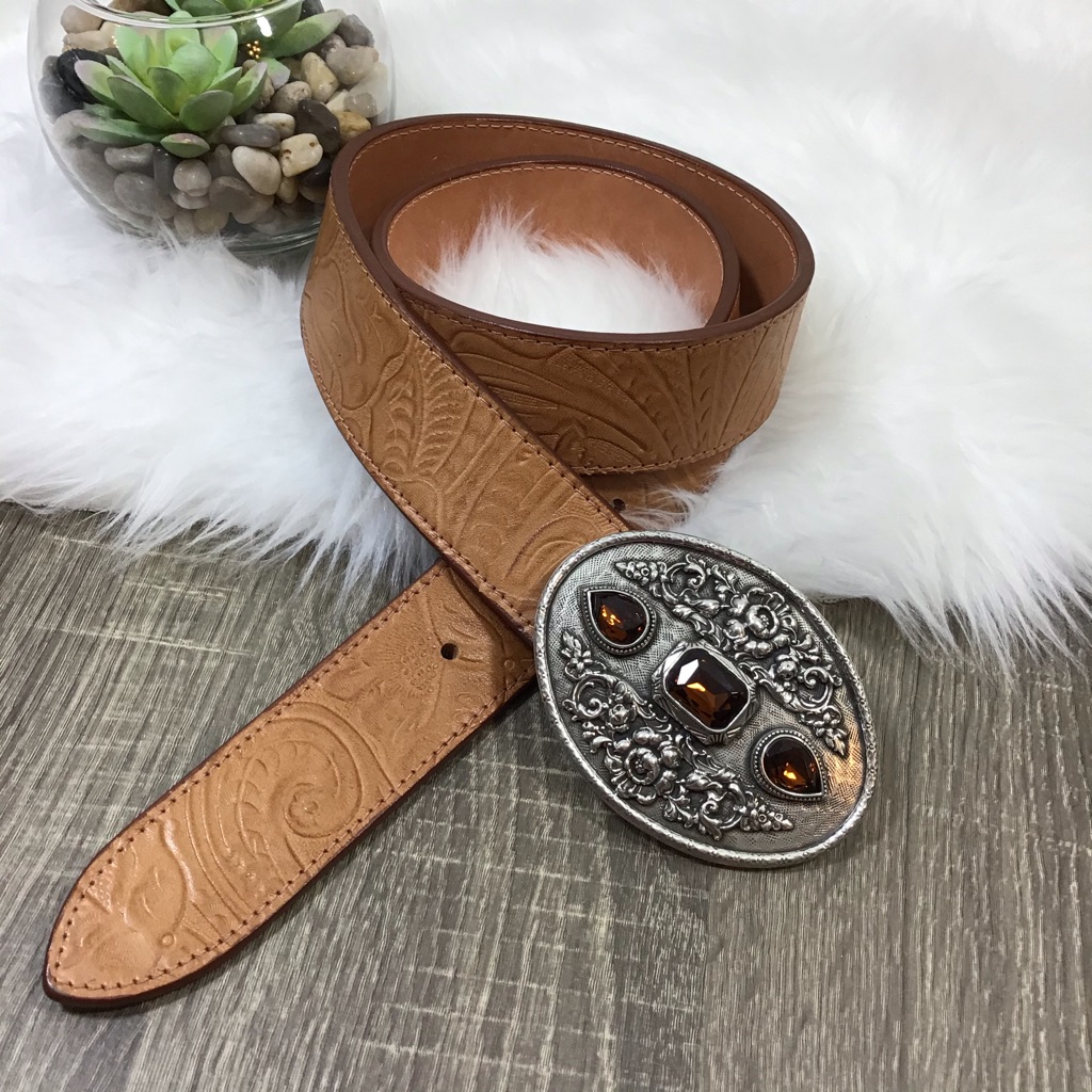 Moulin Rogue Silver Buckle Tan Tooled Leather Belt